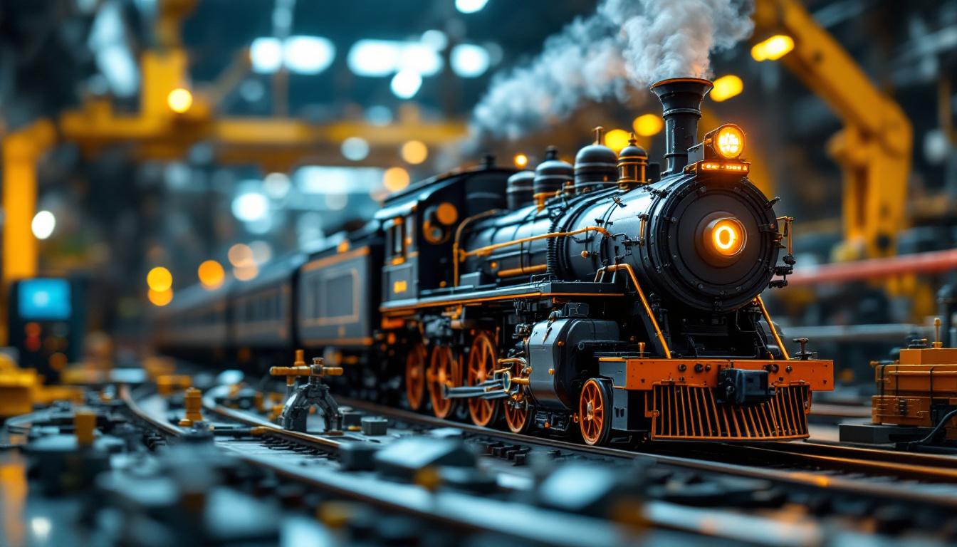 A photograph of a detailed o gauge model train setup in an industrial-themed environment