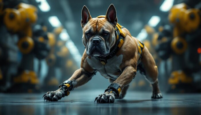 A photograph of a powerful and muscular dog in a dynamic pose