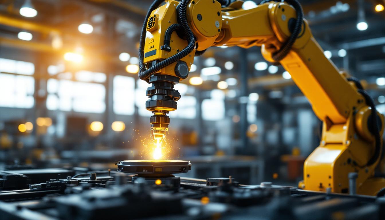 A photograph of a high-tech industrial robotic arm engaged in a precise task