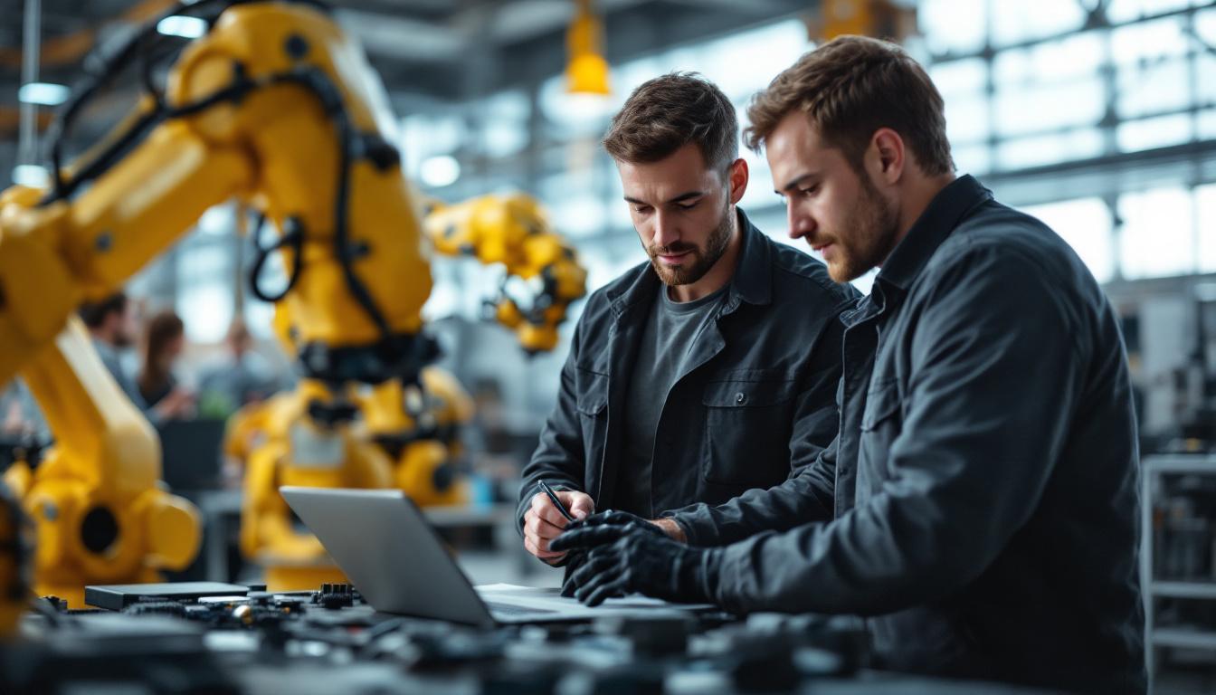 A photograph of a collaborative team of engineers and roboticists working together in a modern industrial setting