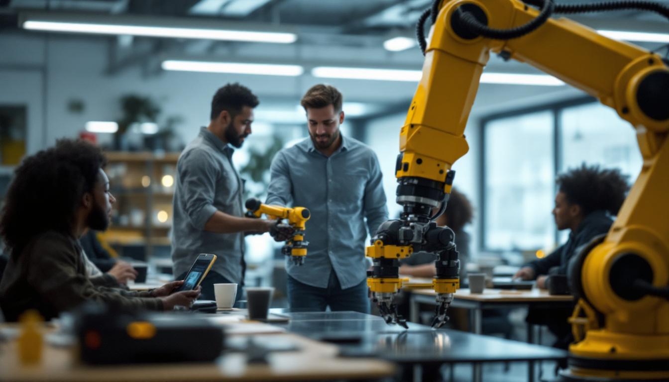 A photograph of a dynamic classroom setting where an instructor is engaging students with an industrial robotic arm