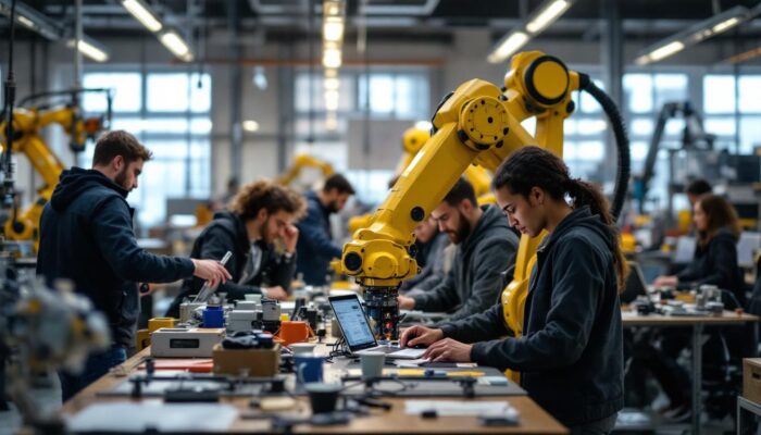 A photograph of a dynamic industrial robotics workspace in boston