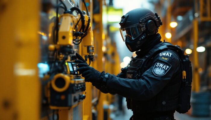A photograph of a boston swat team member interacting with or overseeing an industrial robotic system in an urban setting