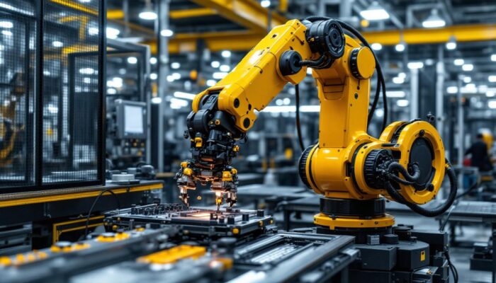 A photograph of a sleek industrial robotic arm in action