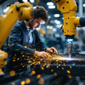 A photograph of a skilled laser technician operating an industrial robotic arm in a modern manufacturing environment