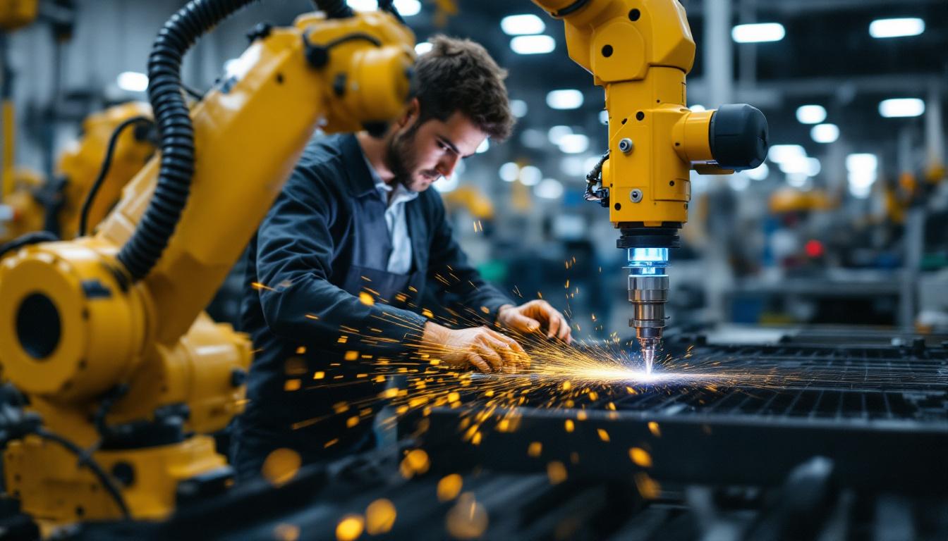 A photograph of a skilled laser technician operating an industrial robotic arm in a modern manufacturing environment