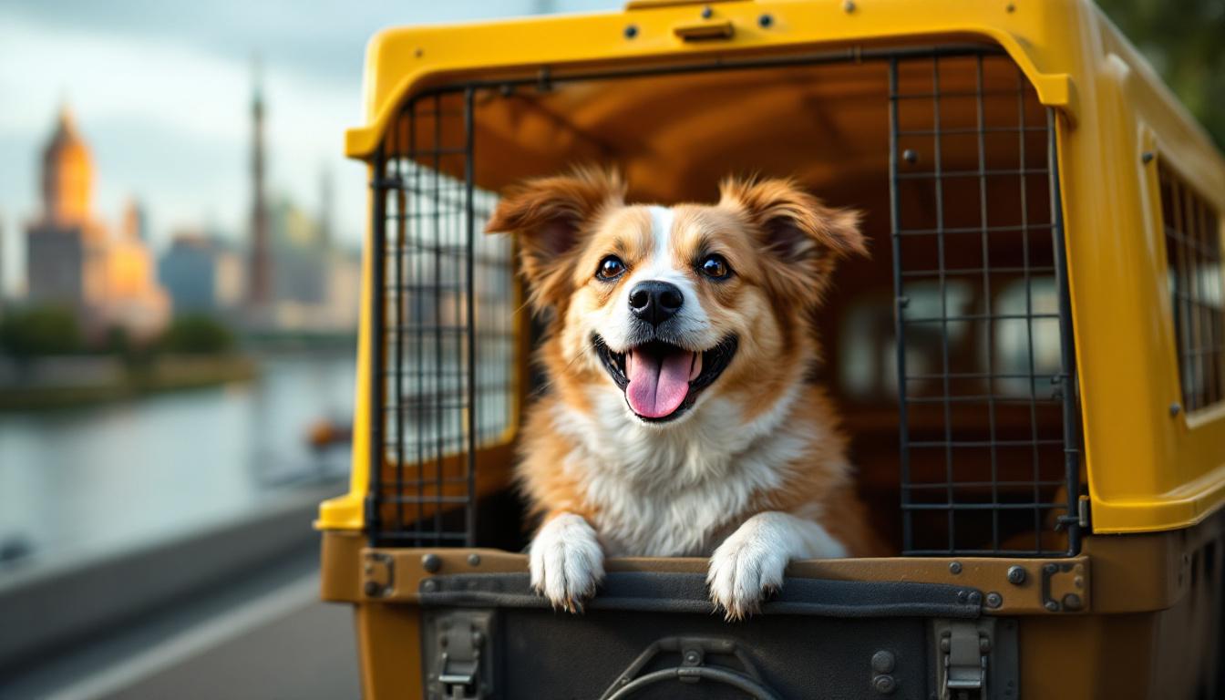 A photograph of a joyful dog being transported in a travel crate alongside a scenic backdrop of both american and indian landmarks