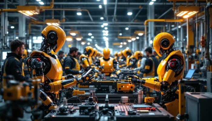 A photograph of a bustling industrial environment showcasing various types of robots in action