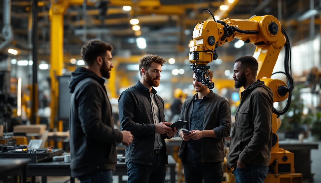 A photograph of a dynamic industrial setting showcasing a team engaged in a collaborative agile stand-up meeting