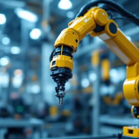 A photograph of a sleek industrial robotic arm in action