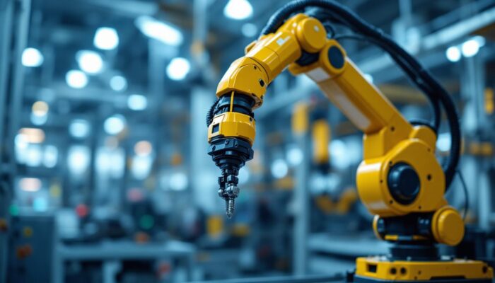 A photograph of a sleek industrial robotic arm in action