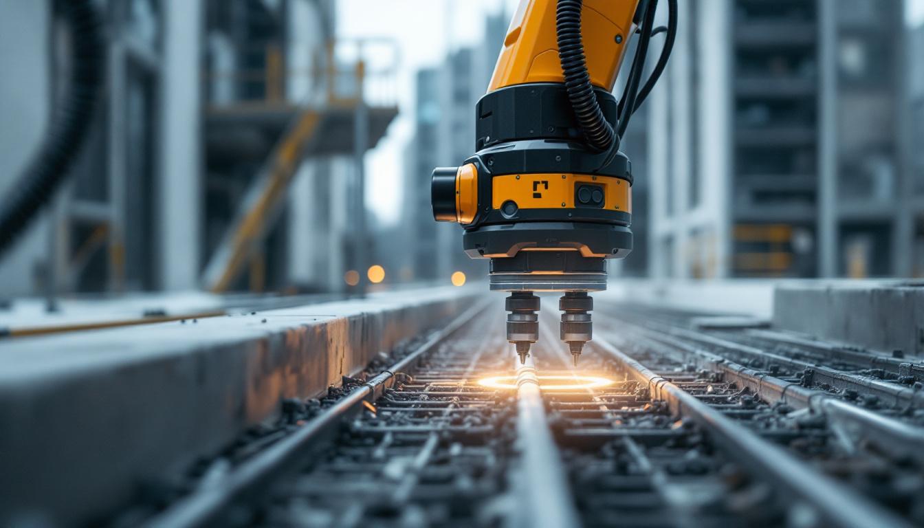 A photograph of a high-tech industrial robotic rebar scanner in action