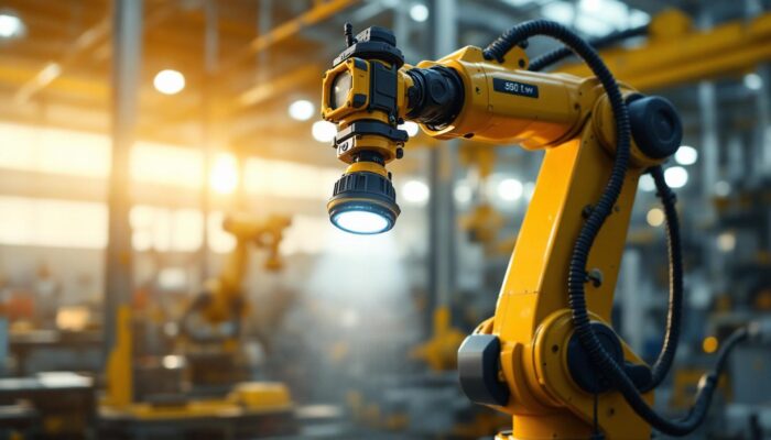 A photograph of a high-powered 360 work light illuminating an industrial robotic arm in action within a factory setting