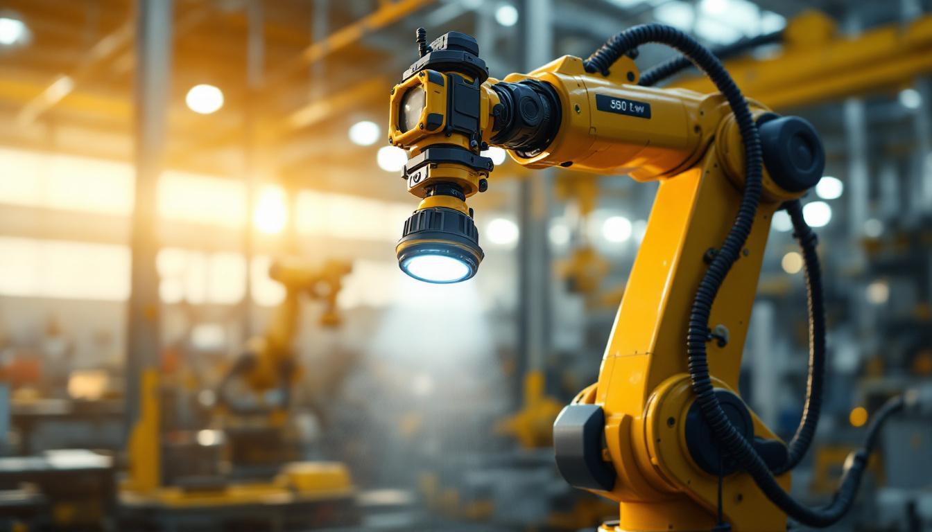 A photograph of a high-powered 360 work light illuminating an industrial robotic arm in action within a factory setting