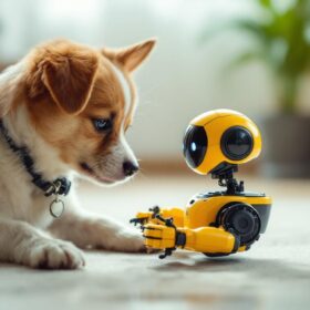 A photograph of a small dog interacting playfully with a small-scale industrial robot