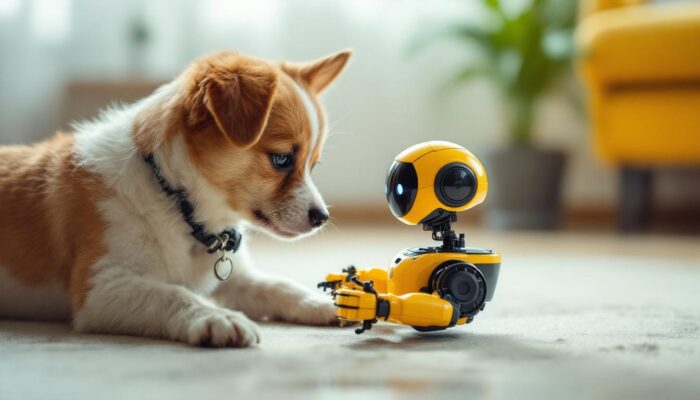 A photograph of a small dog interacting playfully with a small-scale industrial robot