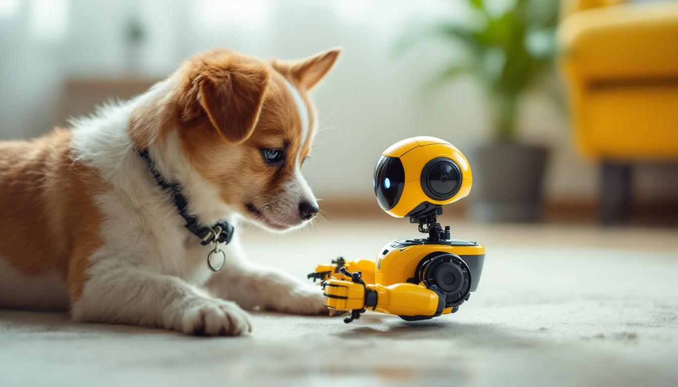 A photograph of a small dog interacting playfully with a small-scale industrial robot