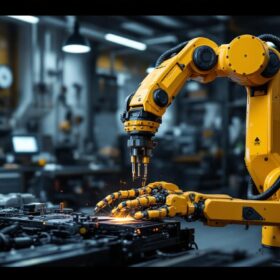 A photograph of a modern mechanic shop featuring an industrial robotic arm in action