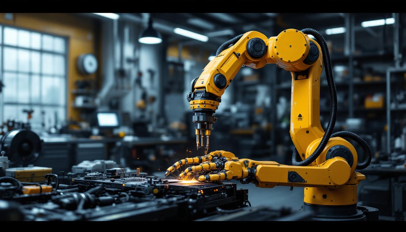 A photograph of a modern mechanic shop featuring an industrial robotic arm in action