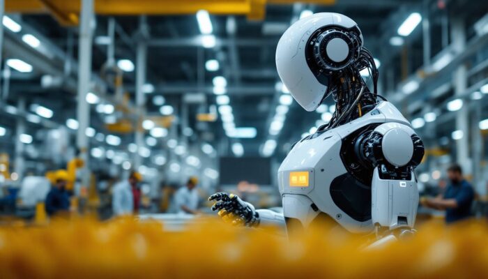 A photograph of a sleek industrial robot in action within a bustling boston manufacturing facility