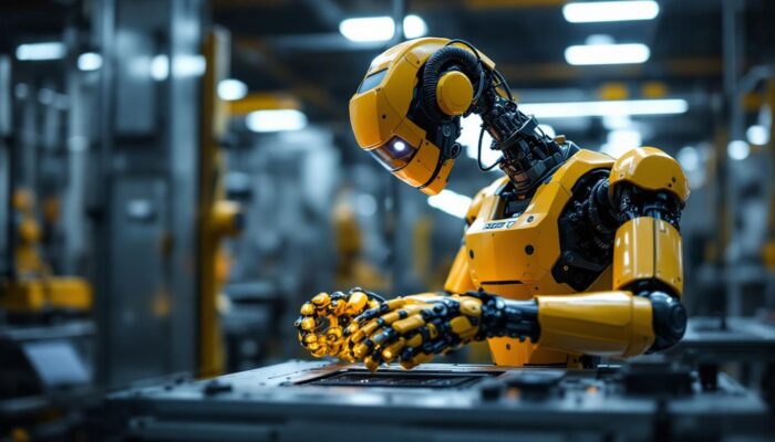 A photograph of a modern industrial robot in action