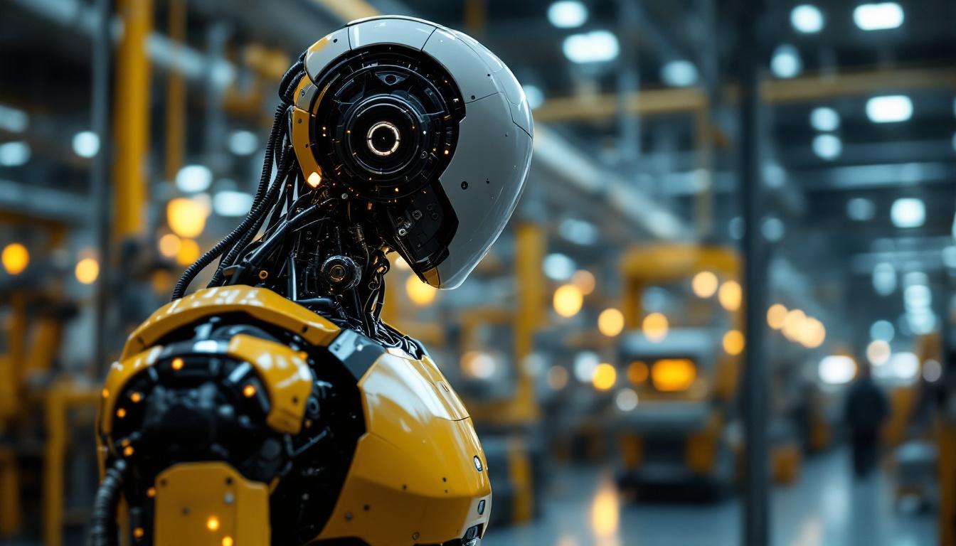 A photograph of a sleek industrial robot in action within a modern manufacturing facility in dubai