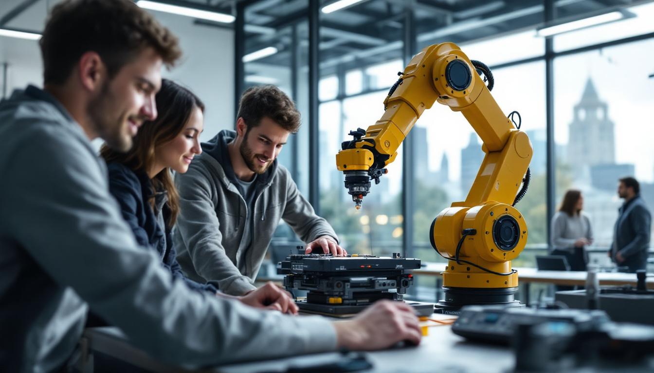 A photograph of a dynamic industrial robotics setup in action