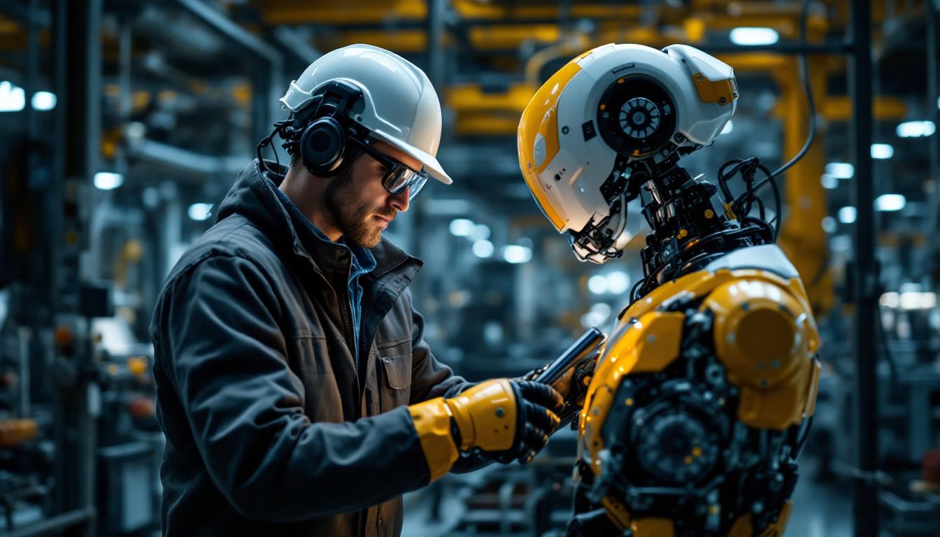 A photograph of a skilled engineer working alongside an industrial robot in a high-tech manufacturing environment