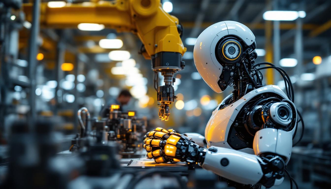 A photograph of a modern industrial robot in action within a manufacturing setting