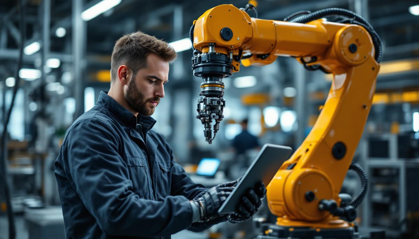 A photograph of a skilled engineer working on an industrial robotic arm in a modern remote workspace