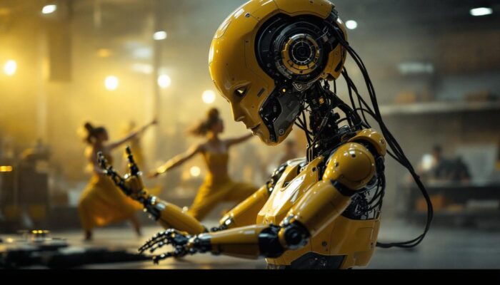 A photograph of a dynamic scene showcasing an industrial robot in action
