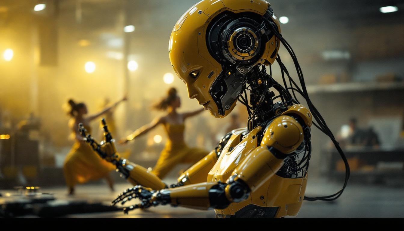 A photograph of a dynamic scene showcasing an industrial robot in action