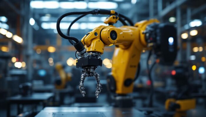 A photograph of capture a photograph of a sleek industrial robotic arm in action