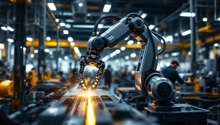 A photograph of a sleek industrial robotic arm in action within a modern manufacturing facility