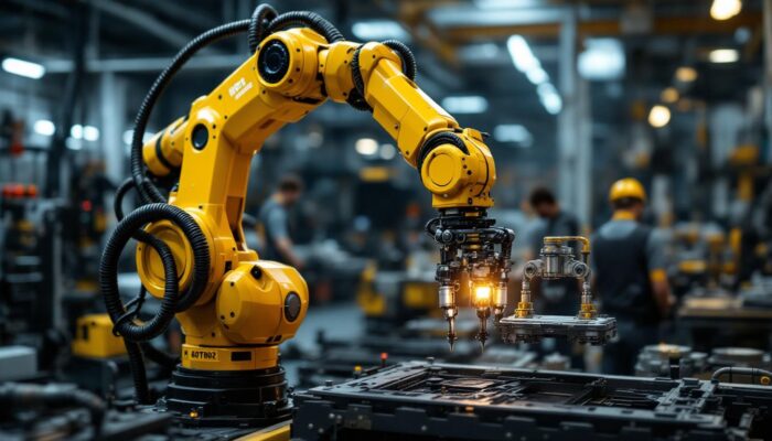 A photograph of a robotic arm in action within an industrial setting