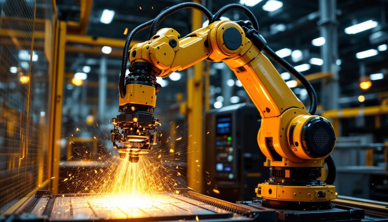 A photograph of a sleek industrial robotic arm in action