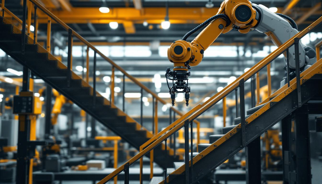 A photograph of capture a photograph of an industrial robotic arm skillfully navigating and manipulating an l-shaped staircase