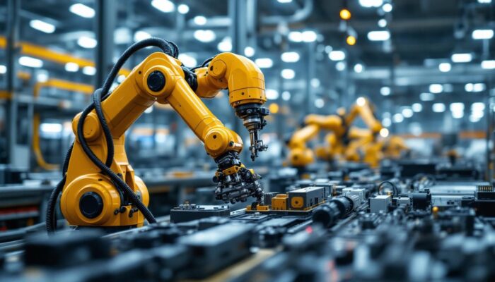 A photograph of a modern industrial robotic arm in action within a manufacturing environment