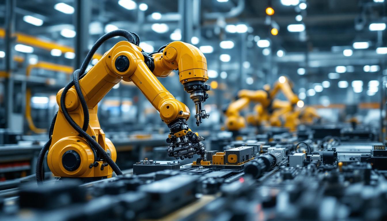 A photograph of a modern industrial robotic arm in action within a manufacturing environment