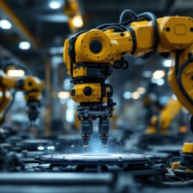 A photograph of a dynamic industrial robotic arm in action