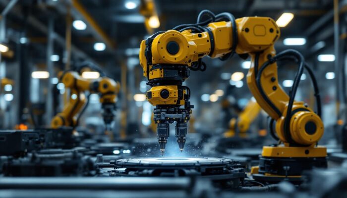 A photograph of a dynamic industrial robotic arm in action