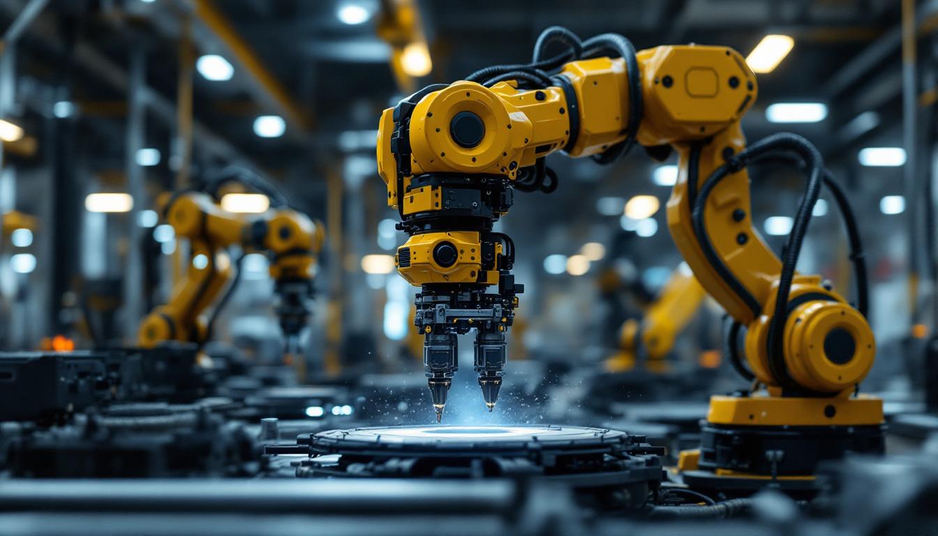 A photograph of a dynamic industrial robotic arm in action