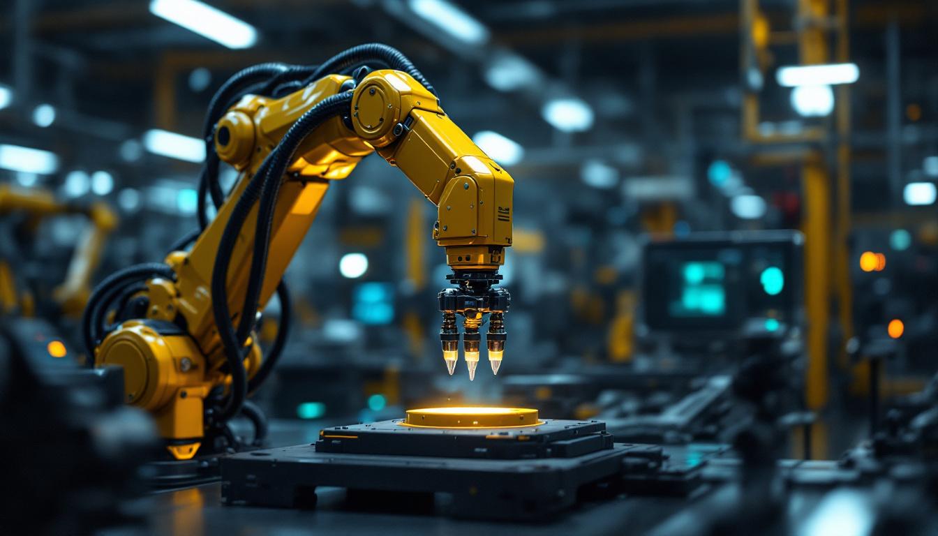 A photograph of a sleek industrial robotic arm in action
