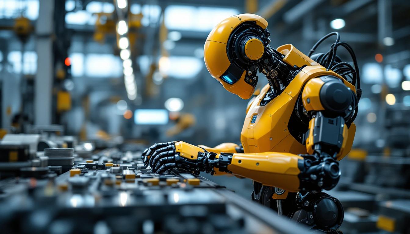 A photograph of a sleek industrial robot in action within a modern manufacturing environment