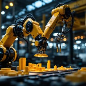 A photograph of a sleek industrial robotic arm in action within a modern manufacturing environment