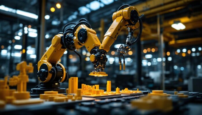 A photograph of a sleek industrial robotic arm in action within a modern manufacturing environment