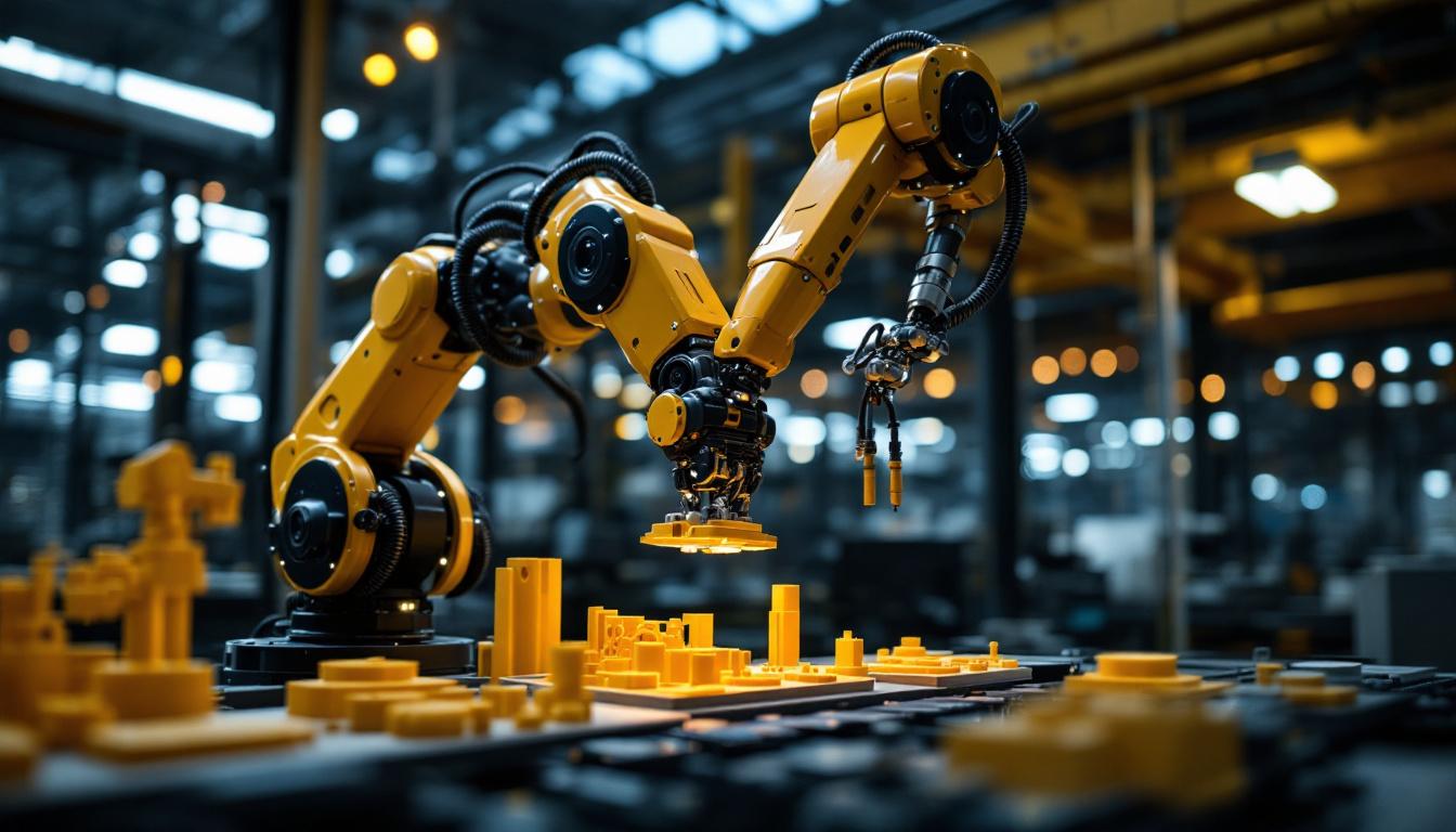 A photograph of a sleek industrial robotic arm in action within a modern manufacturing environment