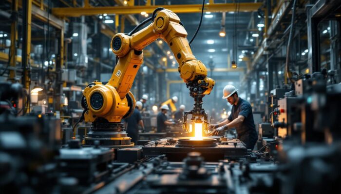 A photograph of a dynamic industrial setting showcasing a robotic arm in action