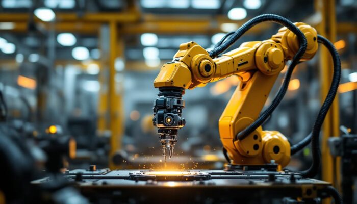 A photograph of a sleek industrial robotic arm equipped with a vision camera in action