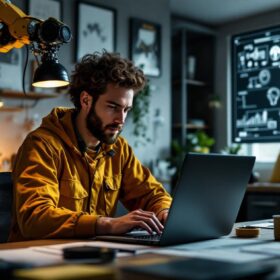 A photograph of a focused software engineer working remotely on a laptop